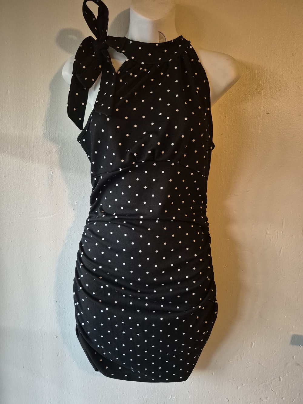 SHEIN Black & White Polka Dot One-Shoulder Tie Dress